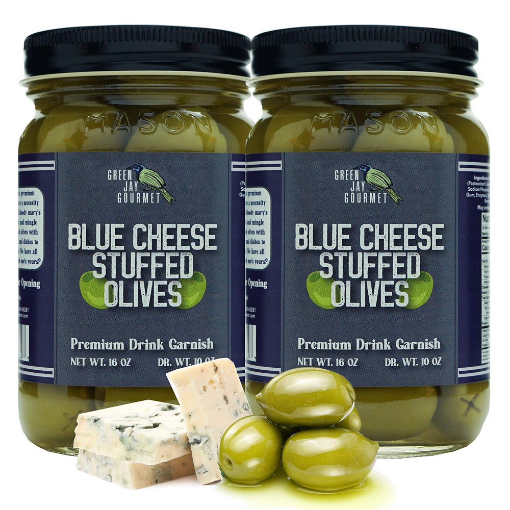 Green Jay Gourmet Blue Cheese Stuffed Olives  Cheese Stuffed Green Olives for Cocktail Garnish & Cheese Board  Dirty Martini Olives  Gourmet Olives  All Natural  Large  2 x 16 Ounces