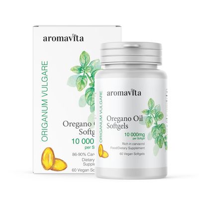 AROMAVITA Oregano Oil Capsules -10 000 mg Extra Strength 8690% Natural Carvacrol Possibly The Most Potent Oregano Capsule Immune Support, Digestive & Candida Cleanse-60 Softgels