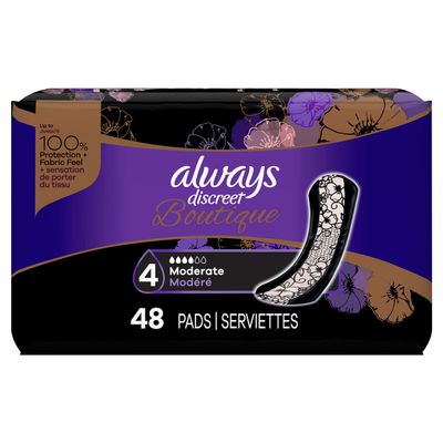 Always Discreet Boutique Incontinence Pads, Size 4, Moderate Absorption, 48 Pads