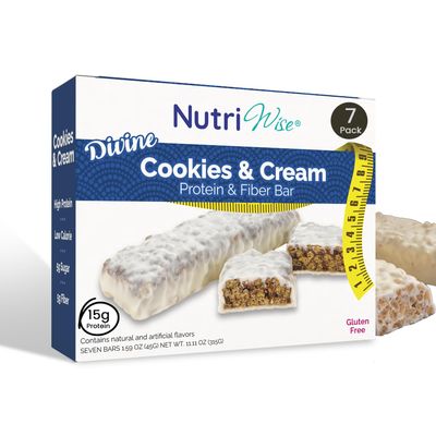 Nutriwise High Protein & Fiber Bar | Divine Cream & Cookies | 15g Protein, 5g Sugar, 17g Net Carb | Gluten-Free Low-Calorie Snack | Meal Replacement Bar | 7/Box