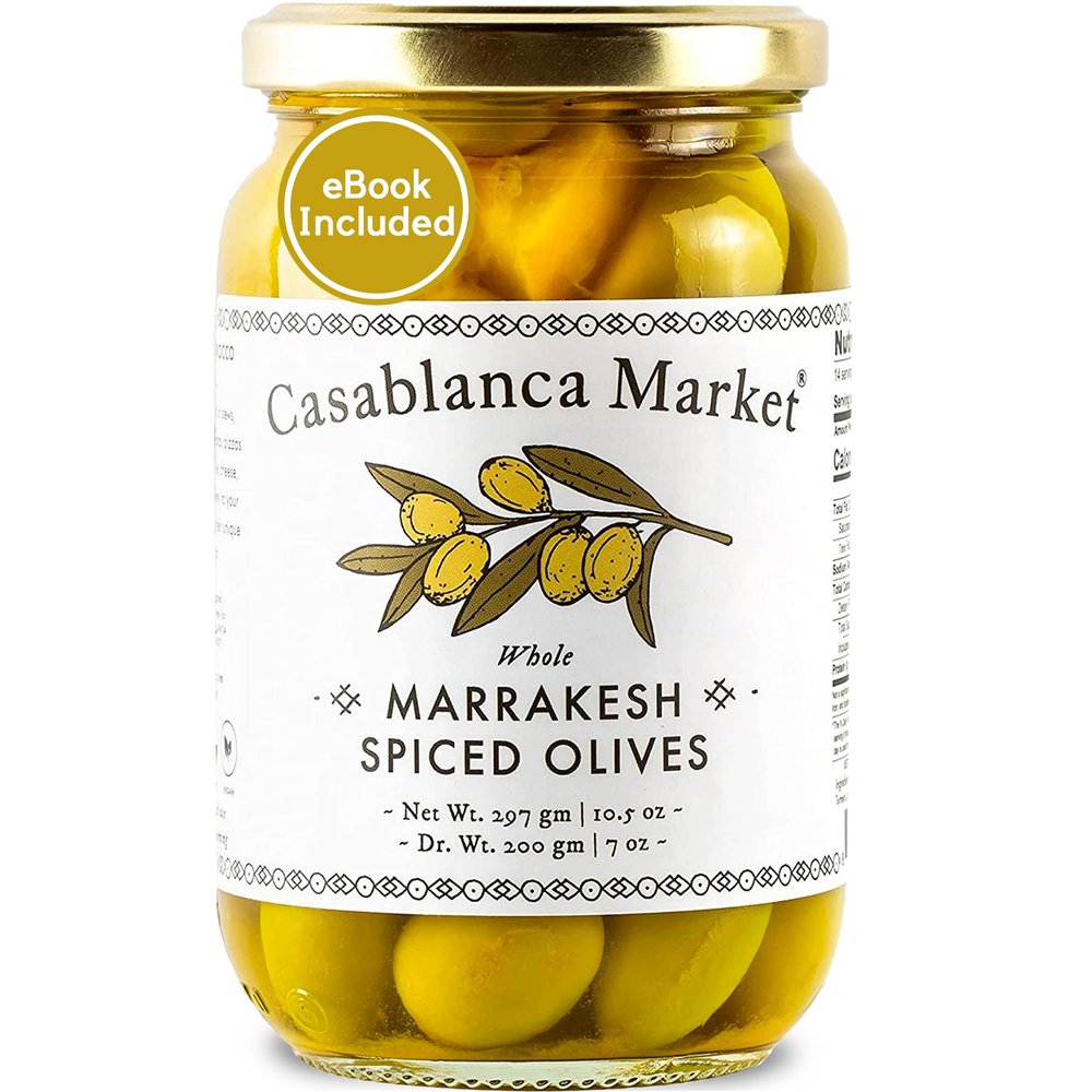 Casablanca Market Marrakesh Spiced Olives Moroccan Colossal Green Olives Olives Whole with Pits from Morocco - Green Olives without Pimento Moroccan Martini Olives Gourmet Olives (10.5oz)