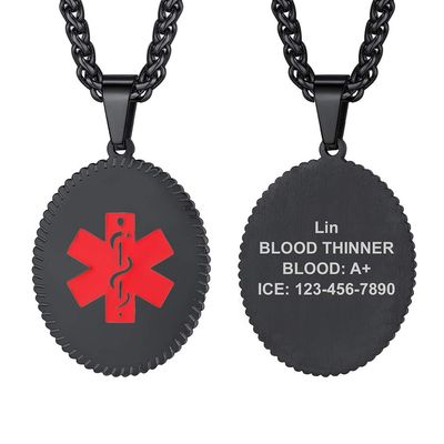 Supcare Medical Alert Necklace for Men - Personalized Engraved Oval Medical ID Jewelry - Black