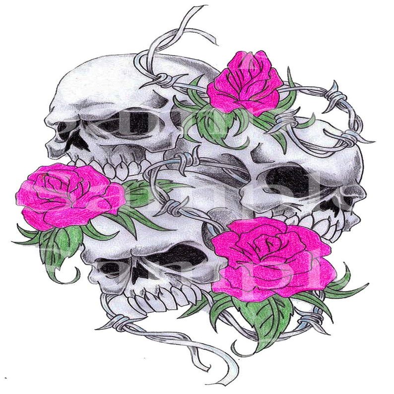 1/2 Sheet - Skulls With Pink Roses Halloween Birthday - D24548 - 2D Edible Cake Cupcake Party Topper