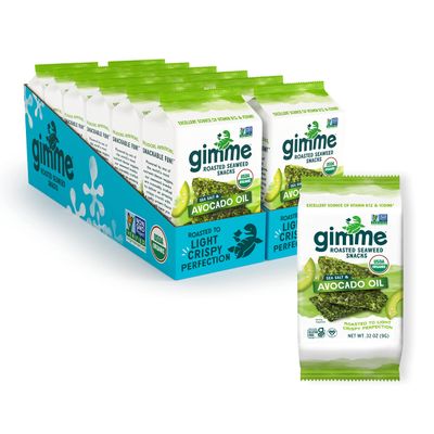 Gimme Seaweed Organic Premium Roasted Seaweed Snacks, Sea Salt & Avocado Oil, 12 Count Sharing Size, Keto, Vegan, Gluten-Free, Source of Omega3s & Iodine, Healthy On-The-Go Snack for Kids & Adults