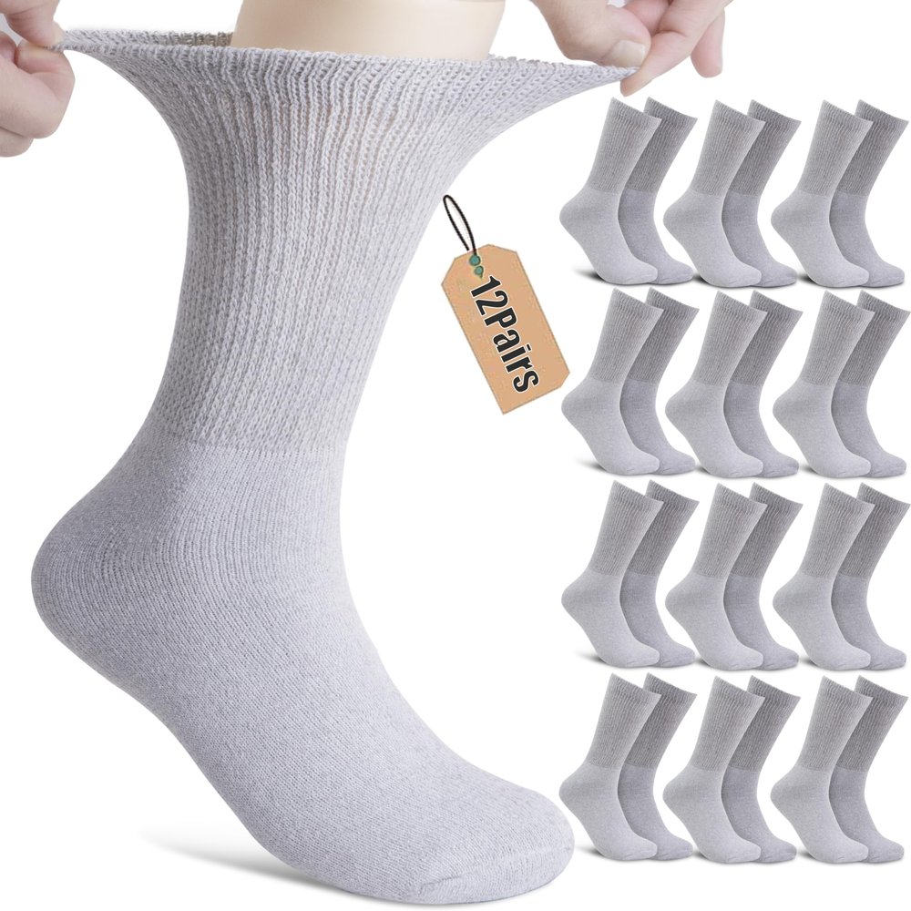 NevEND Diabetic Cotton Crew Socks Health Circulatory Physicians Approved Mens Womens Grey 12 Pairs 9-11