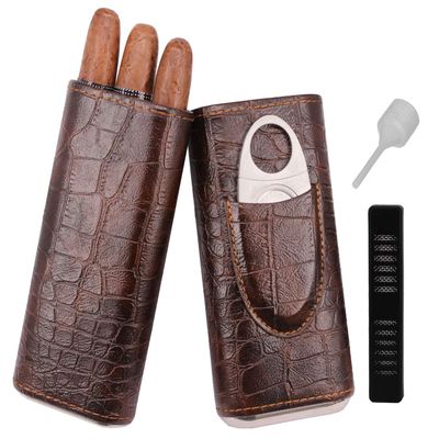 AMANCY 3-Finger Classy Black Brown Crocodile Pattern Leather Cigar Case With Small Humidifier and Cutter