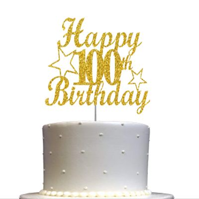 100 Birthday Cake Topper Gold Glitter, Party Decoration Ideas, Premium Quality, Sturdy Doubled Sided Glitter, Acrylic Stick. Made in USA (100th)