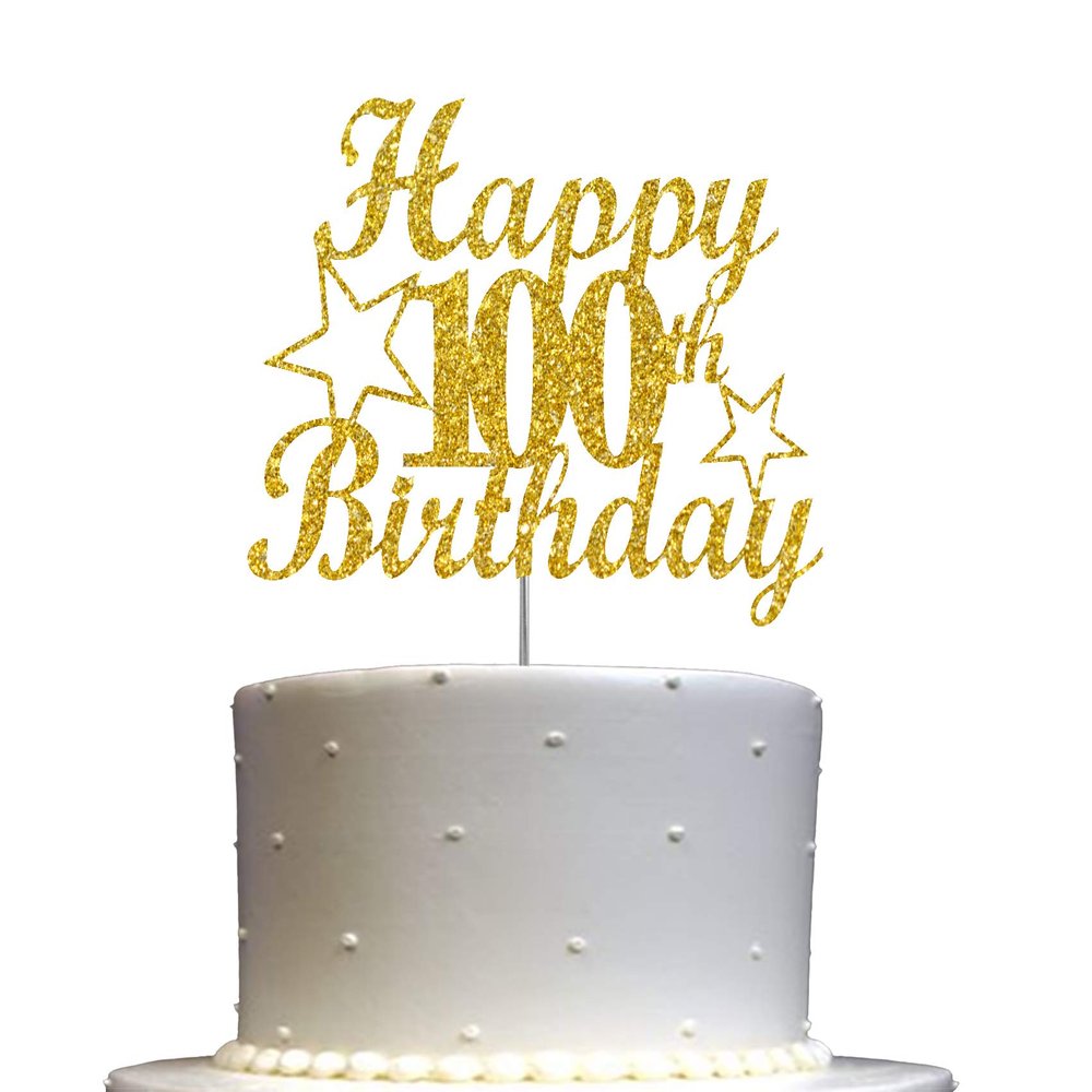 100 Birthday Cake Topper Gold Glitter, Party Decoration Ideas, Premium Quality, Sturdy Doubled Sided Glitter, Acrylic Stick. Made in USA (100th)