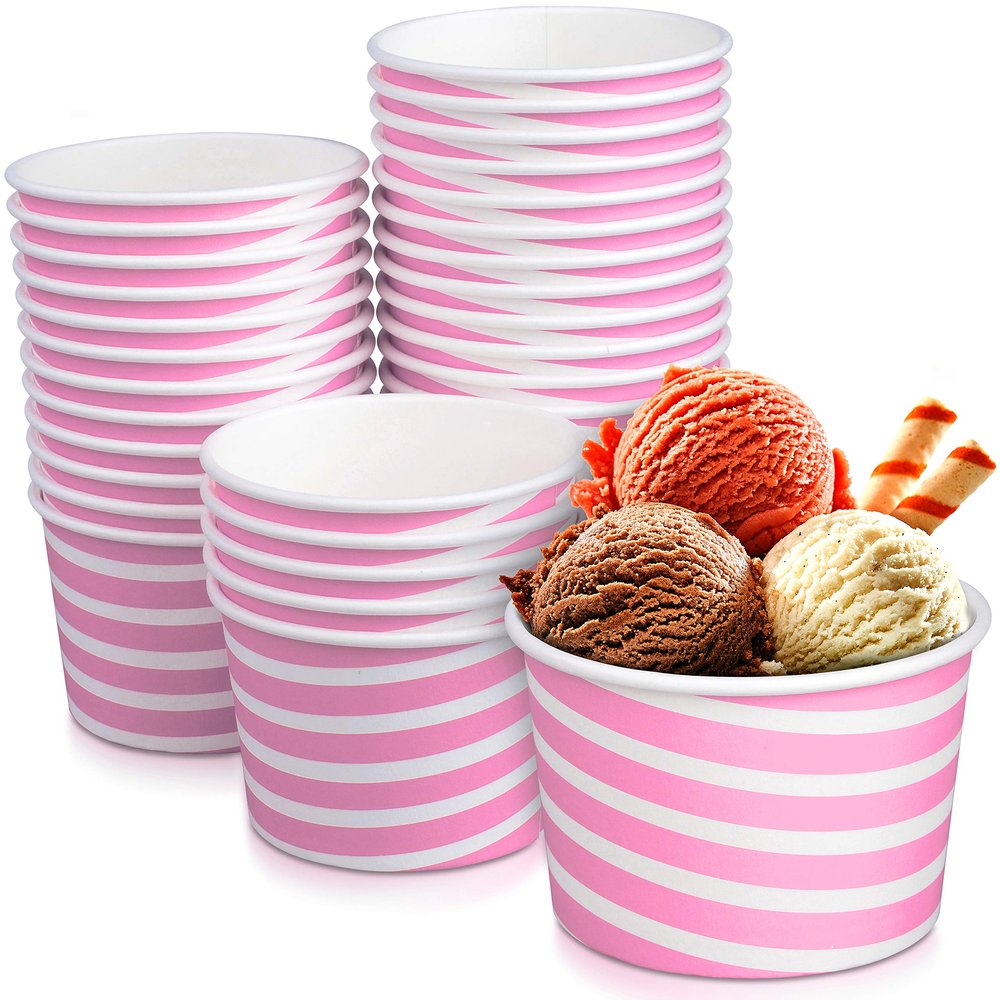 TYPTOP-EXTRA DURABLE Fun Pink Stripe Design Ice Cream Bar Essential, 8 oz. Ice Cream Cups/Bowl - Perfect Snack Cups for Kids Birthday & Holiday Parties, Disposable for Easy Clean-up!