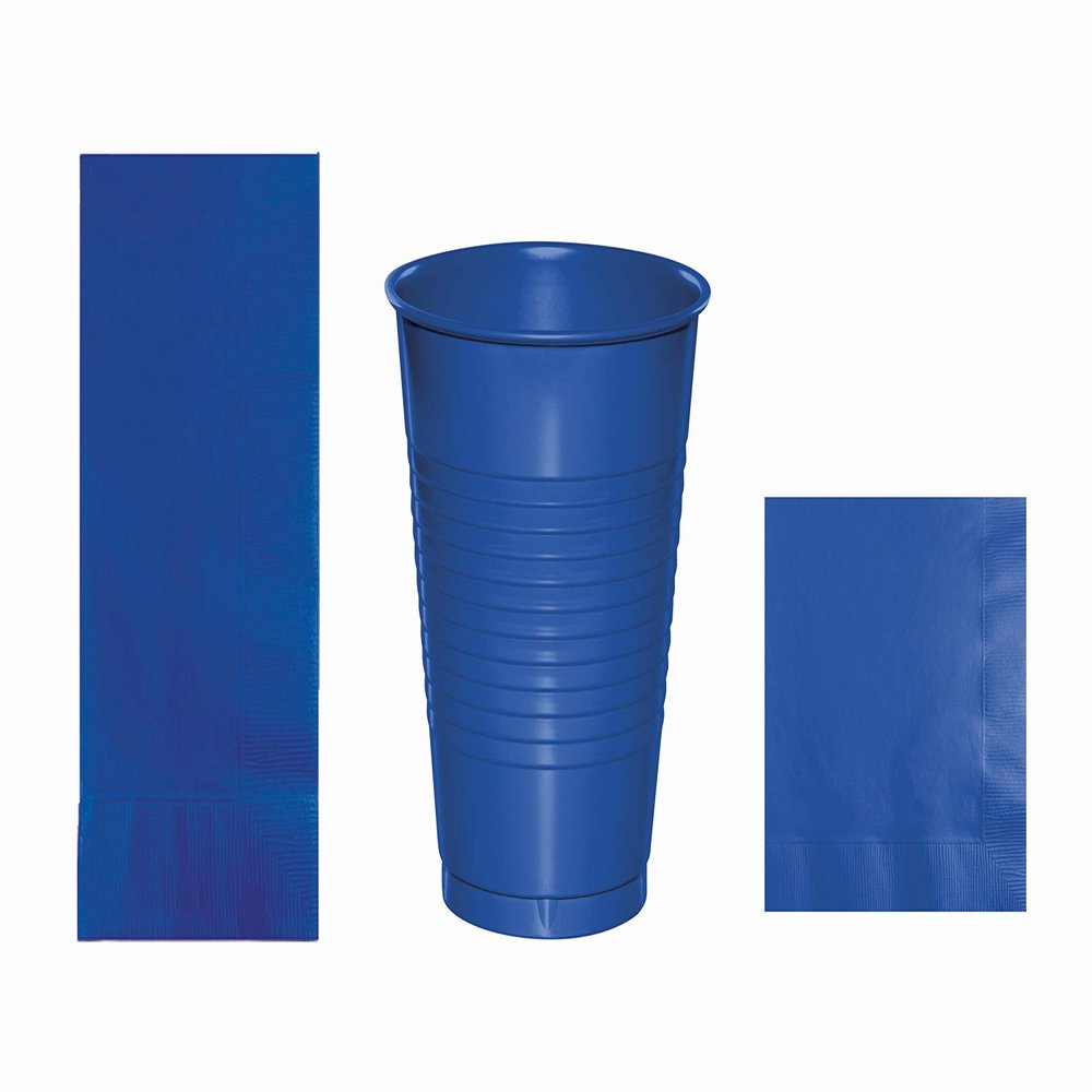 Baxters Party Bundles Bulk, Cobalt Blue, 40 Count 16 Ounce Plastic Cups, 50 Count Dinner Paper Napkins, 50 Count Beverage Paper Napkins, Pack Contains 140 Pieces Made in the USA