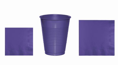 Baxters Party Bundles Bulk, Regal Purple, 40 Count 16 Ounce Plastic Cups, 50 Count Beverage Cocktail Paper Napkins, 50 Count Luncheon Paper Napkins, Pack Contains 140 Pieces Made in The USA