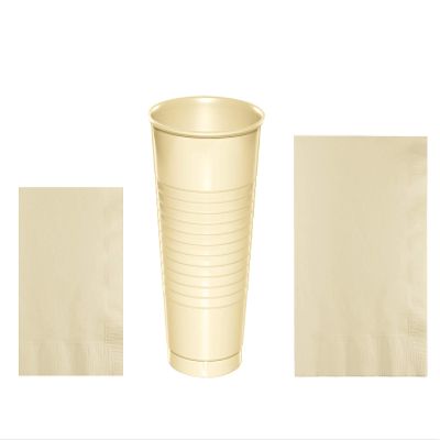 Baxters Party Bundles Bulk, Ivory, 100 Count 16 Ounce Plastic Cups, 100 Count Beverage Cocktail Paper Napkins, 100 Count Luncheon Paper Napkins, Pack Contains 300 Pieces Made in the USA