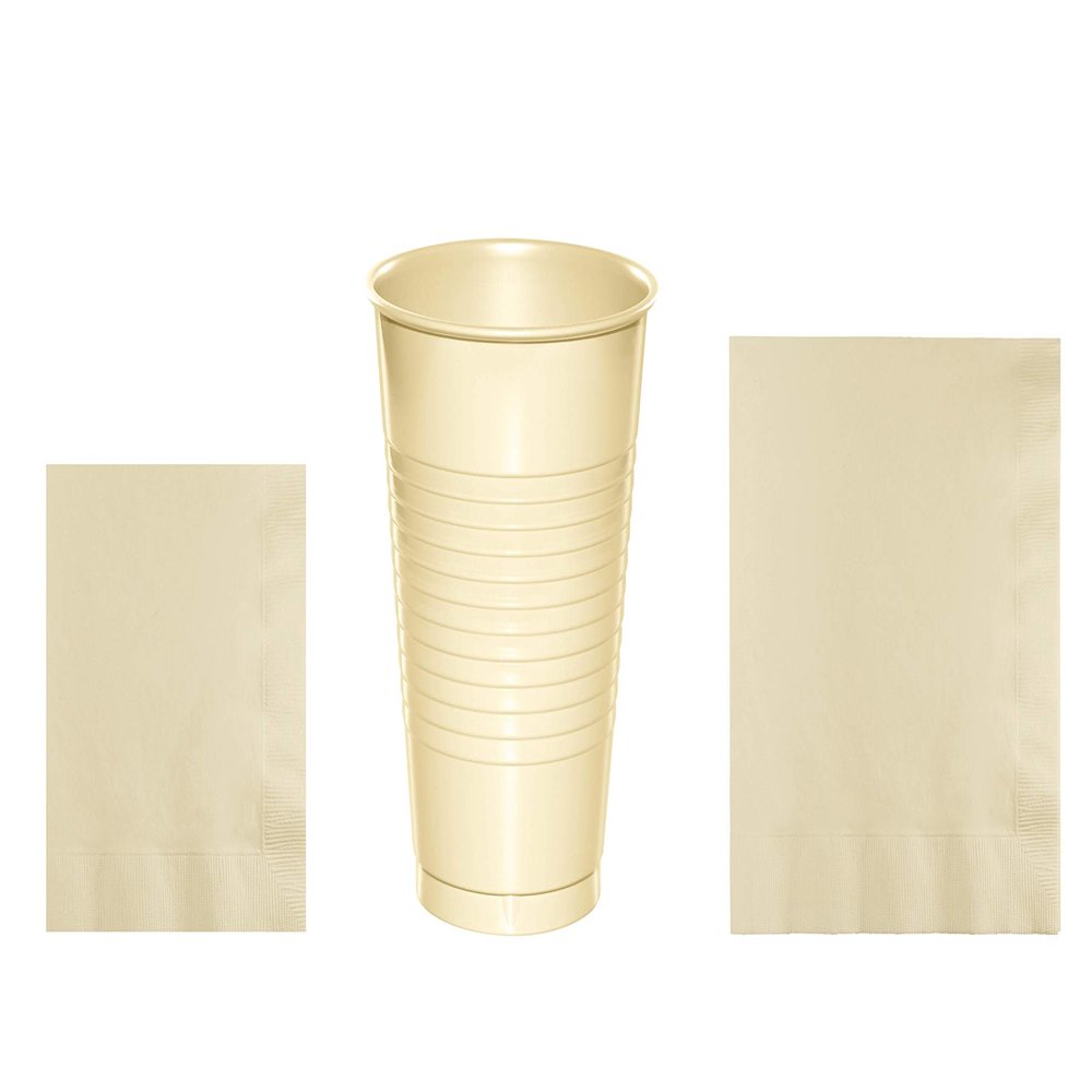 Baxters Party Bundles Bulk, Ivory, 100 Count 16 Ounce Plastic Cups, 100 Count Beverage Cocktail Paper Napkins, 100 Count Luncheon Paper Napkins, Pack Contains 300 Pieces Made in the USA