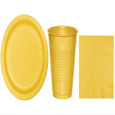 Baxters Party Bundles Bulk, Golden Yellow, 48 Count 9 Inch Paper Plates, 40 Count 16 Ounce Plastic Cups, 50 Count Luncheon Paper Napkins, Pack Contains 138 Pieces Made in The USA