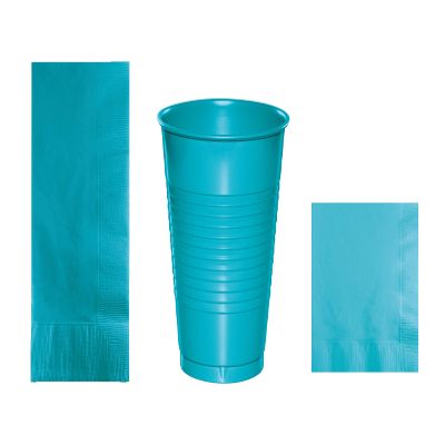 Baxters Party Bundles Bulk, Bermuda Blue, 100 Count 16 Ounce Plastic Cups, 100 Count Dinner Paper Napkins, 100 Count Beverage Paper Napkins, Pack Contains 300 Pieces Made in the USA
