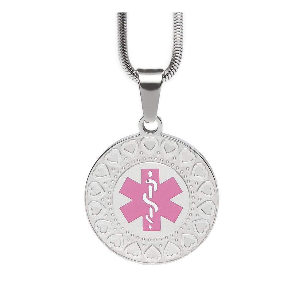 BAIYI HOPE Medical Alert ID Necklace for Women Free Engraving Heart-Shaped Emergency ID Dog Tag Pendants & Snake Chain 20in