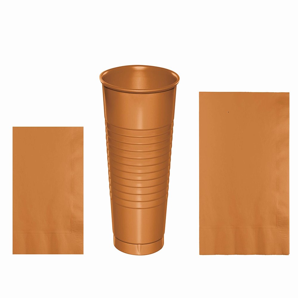 Baxters Party Bundles Bulk, Pumpkin Spice, 100 Count 16 Ounce Plastic Cups, 100 Count Beverage Cocktail Paper Napkins, 100 Count Luncheon Paper Napkins, Pack Contains 300 Pieces Made in the USA