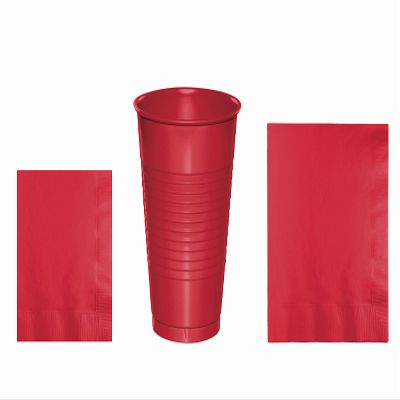 Baxters Party Bundles Bulk, Red, 40 Count 16 Ounce Plastic Cups, 50 Count Beverage Cocktail Paper Napkins, 50 Count Luncheon Paper Napkins, Pack Contains 140 Pieces Made in the USA