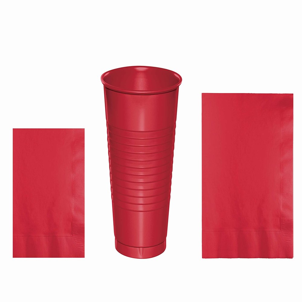 Baxters Party Bundles Bulk, Red, 40 Count 16 Ounce Plastic Cups, 50 Count Beverage Cocktail Paper Napkins, 50 Count Luncheon Paper Napkins, Pack Contains 140 Pieces Made in the USA