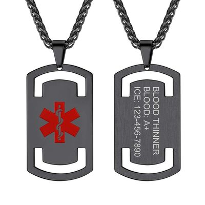 Supcare Dog Tag Chain Necklace Customized Mens Necklace Medical Alert Necklace Men Stainless Steel Necklace Black