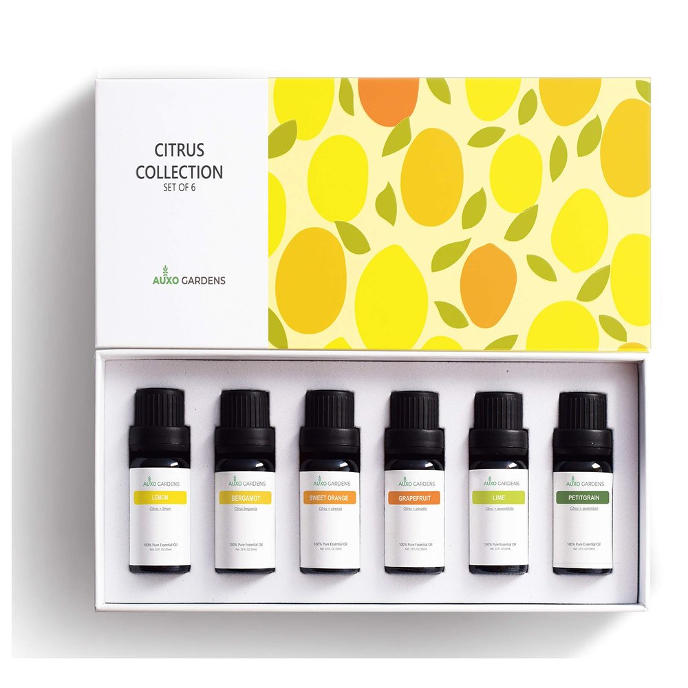 Auxo Gardens Citrus Essential Oil Set - Pack of 6, 10ml, Pure Therapeutic Grade Fruity Essential Oils includes Lemon, Grapefruit, Sweet Orange, Lime, Bergamot and Petitgrain