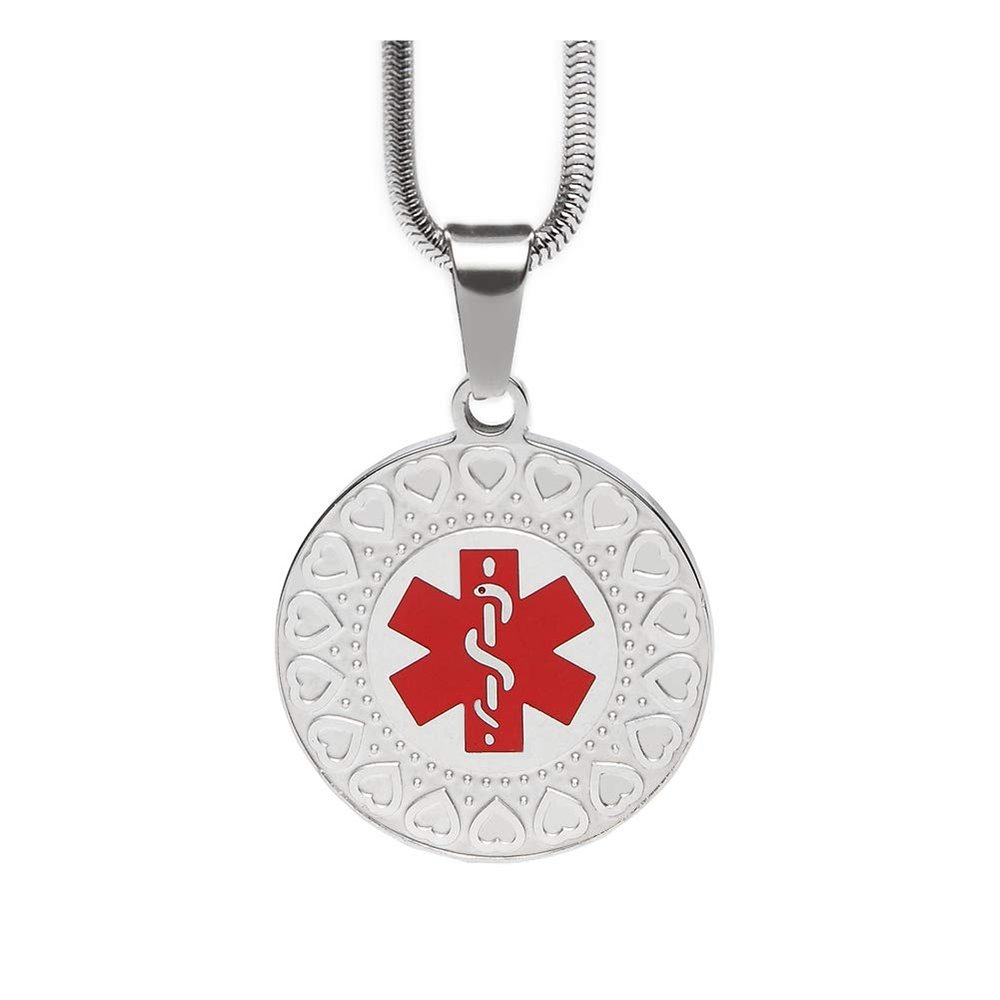BAIYI HOPE Medical Alert ID Necklace for Women Custom Heart-Shaped Stainless Steel Dog Tag Personalized Medical Identification Pendants with 20" Snake Chain