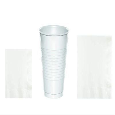 Baxters Party Bundles Bulk, White, 100 Count 16 Ounce Plastic Cups, 100 Count Beverage Cocktail Paper Napkins, 100 Count Luncheon Paper Napkins, Pack Contains 300 Pieces Made in the USA