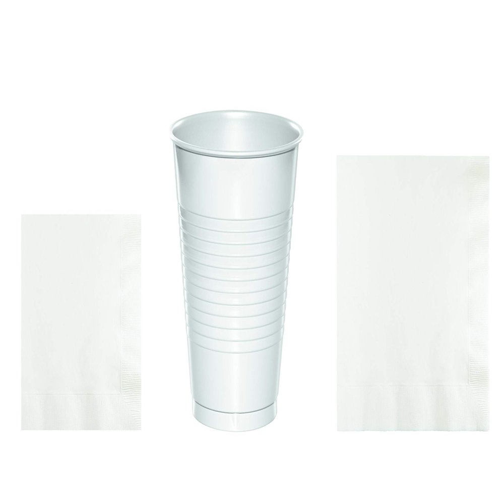 Baxters Party Bundles Bulk, White, 100 Count 16 Ounce Plastic Cups, 100 Count Beverage Cocktail Paper Napkins, 100 Count Luncheon Paper Napkins, Pack Contains 300 Pieces Made in the USA