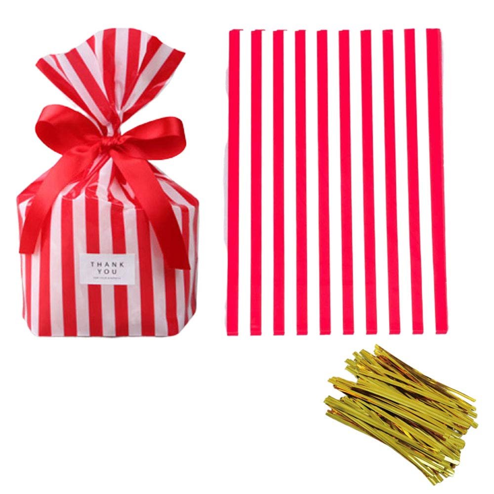 Tim&Lin Red Stripe Clear Cello Candy Favor Bags,Cellophane Cookie Treat Plastic Bags,With Gold Twist Ties, Pack of 50