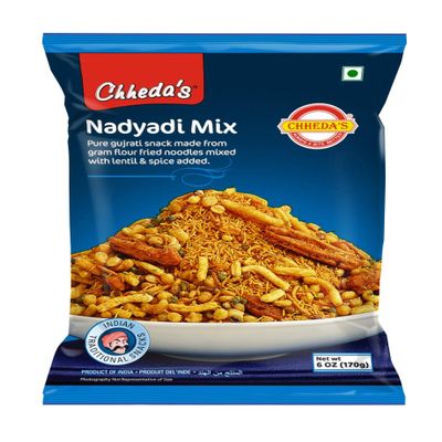 Chheda's Nadiyadi Mix - Gujrati snack - Besan Sev mixed with Lentils - Spicy Mixture - Ready to Eat - Indian Namkeen 170g (Pack of 4)