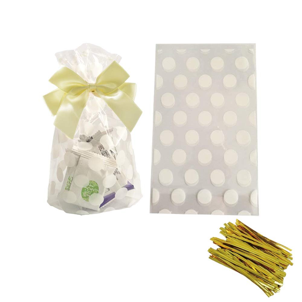 Tim&Lin White Polka Dot Clear Cello Candy Favor Bags,Cellophane Cookie Treat Plastic Bags,With Gold Twist Ties, Pack of 50