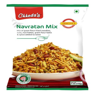 Chheda's Navratan Mix - Besan Sev, Peanuts, Boondi, Rice Flakes - Mix Farsan - Ready to Eat Mixture - Indian Namkeen 170g (Pack of 3)