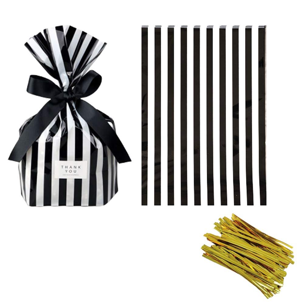 Tim&Lin Black Stripe Clear Cello Candy Favor Bags,Cellophane Cookie Treat Plastic Bags,With Gold Twist Ties, Pack of 50