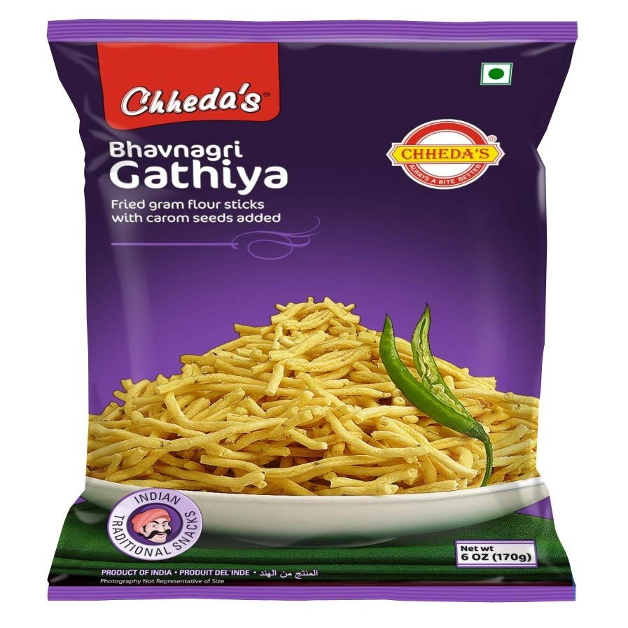 Chheda's Bhavnagri Gathiya - Fried Gram Flour Sticks, Carom seeds - Besan Gathiya Sev - Ready to Eat - Indian Namkeen 170g (Pack of 3)