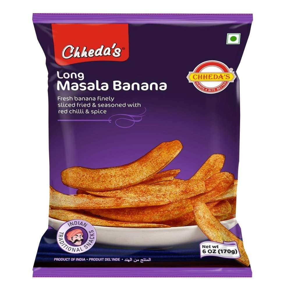 Chheda's Masala Banana Chips - Crispy Long Banana Wafer - Long Spicy banana wafers - Laal Kela Wafers - Indian Namkeen Snack 170g (Pack of 4)
