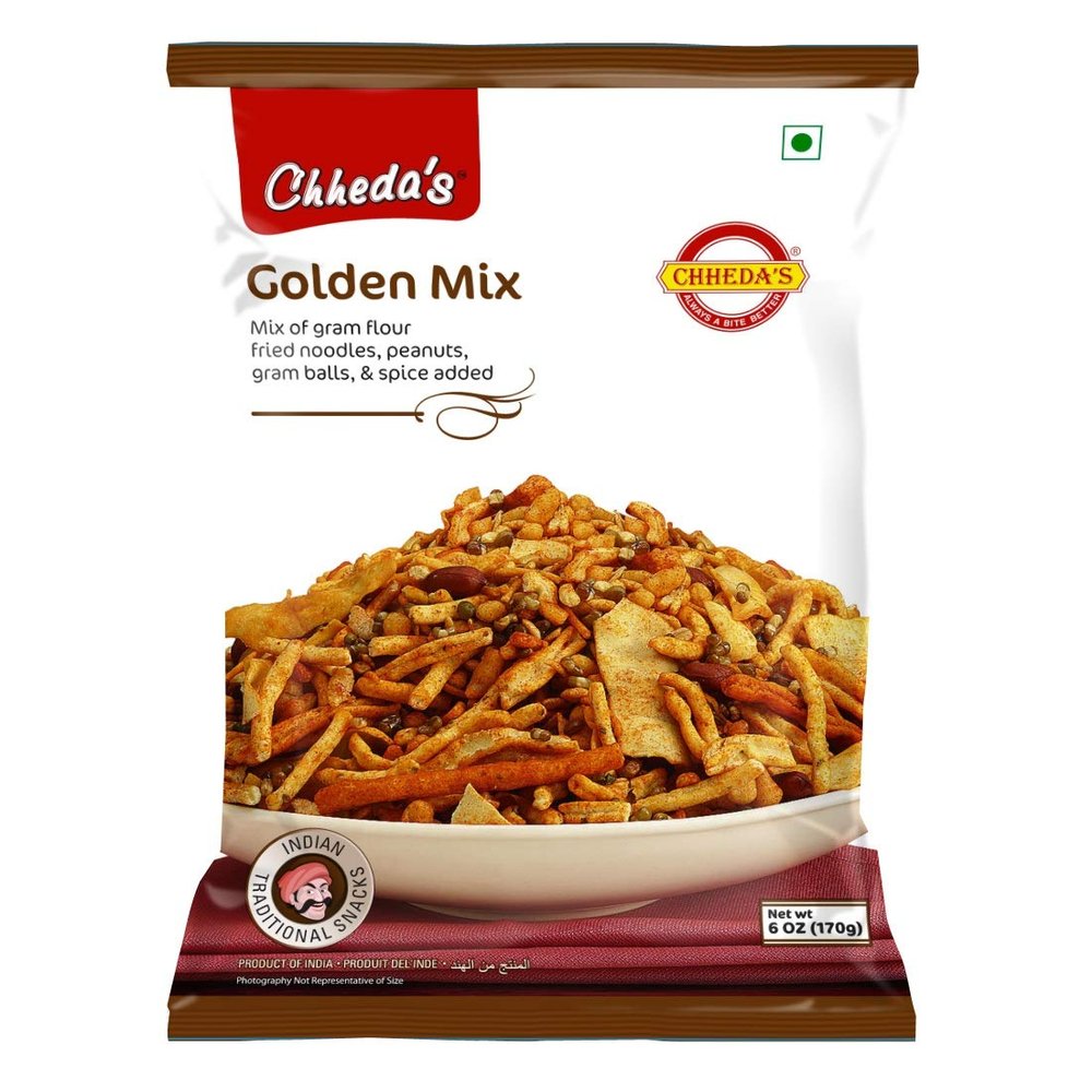 Chheda's Golden Mix - Besan Sev, Peanuts, Boondi, Green Peas - Ready to Eat Mixture - Indian Namkeen 170g (Pack of 3)