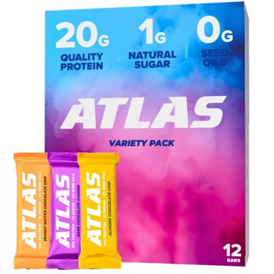 Atlas Real Food Protein Bar  20g Clean Protein, 1g Sugar, No Seed Oils, No Artificial Sweeteners (Variety Pack, 12 Count)