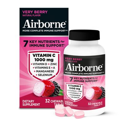 Airborne 1000mg Vitamin C Chewable Tablets With Zinc, Immune Support Supplement With Powerful Antioxidants Vitamins A C & E - 32 Chewable Tablets, Very Berry Flavor
