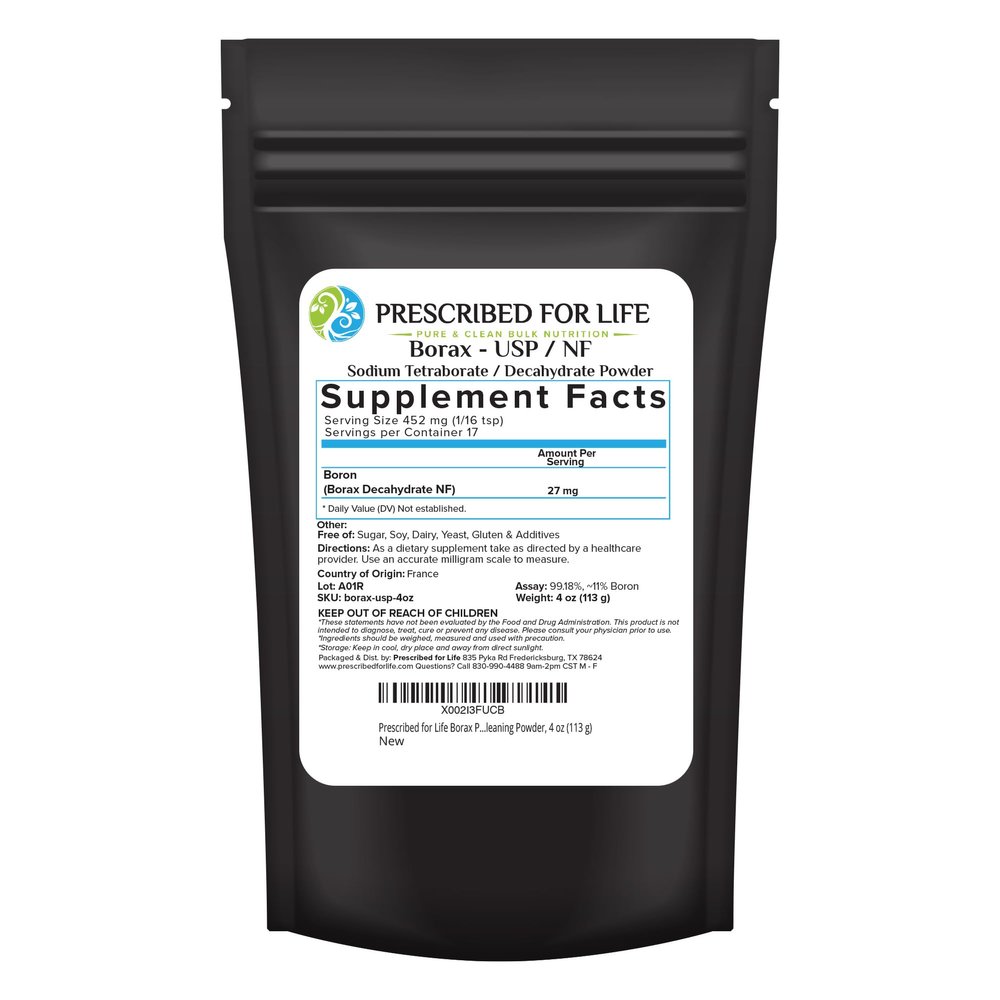 Prescribed for Life Borax Powder, Pure USP NF Grade All Natural Sodium Borate Powder, Household Laundry Booster, Slime Activator & Multipurpose Cleaning Powder (4oz / 113g)