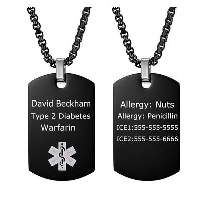 BBX JEWELRY Medical Alert Necklace for Men with Free Engraving Medical ID Dog Tags Chain 20 to 28 Inches
