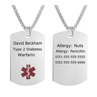 BBX JEWELRY 28 inches Personalized Medical Alarm Necklace Men Medical Alert Necklace ID Dog Tags Free Engraving