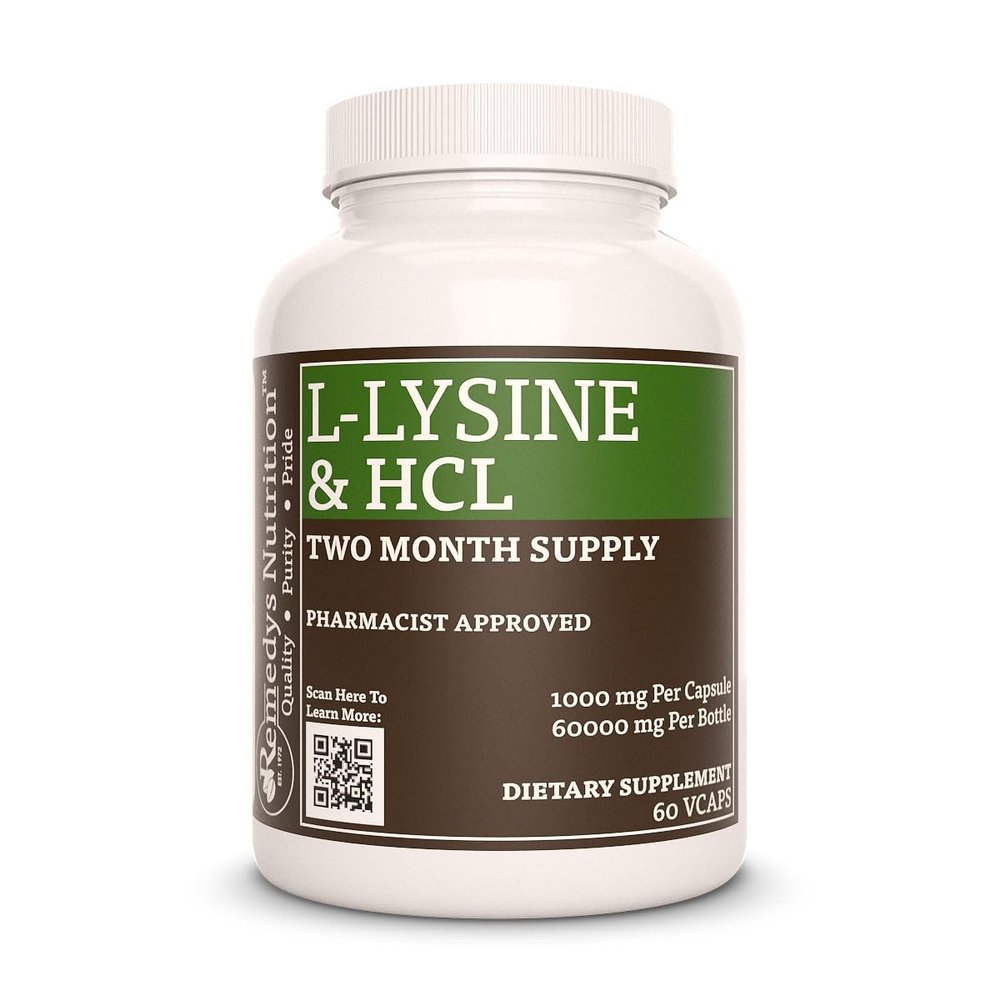 Remedy's nutrition L-Lysine HCL | 1,000 mg, 60 Vegan Capsule Amino Acid Dietary Supplement | Two Month Supply