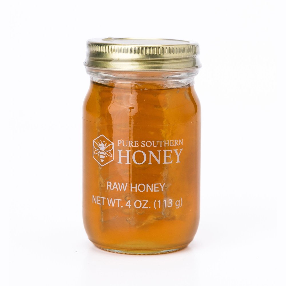 100% Authentic, USA  Made [ 4 oz ] MINI Raw Unfiltered Honey with Honeycomb, Pure Southern Honey - Unheated - Non - GMO, No Additives, All - Natural Sweetener- Environmental-Friendly Glass Jar