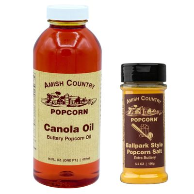 Amish Country Popcorn | Oil and Seasoning Variety Pack | Canola Oil - 16 oz and Ballpark ButterSalt Popcorn Salt - 5.5 oz