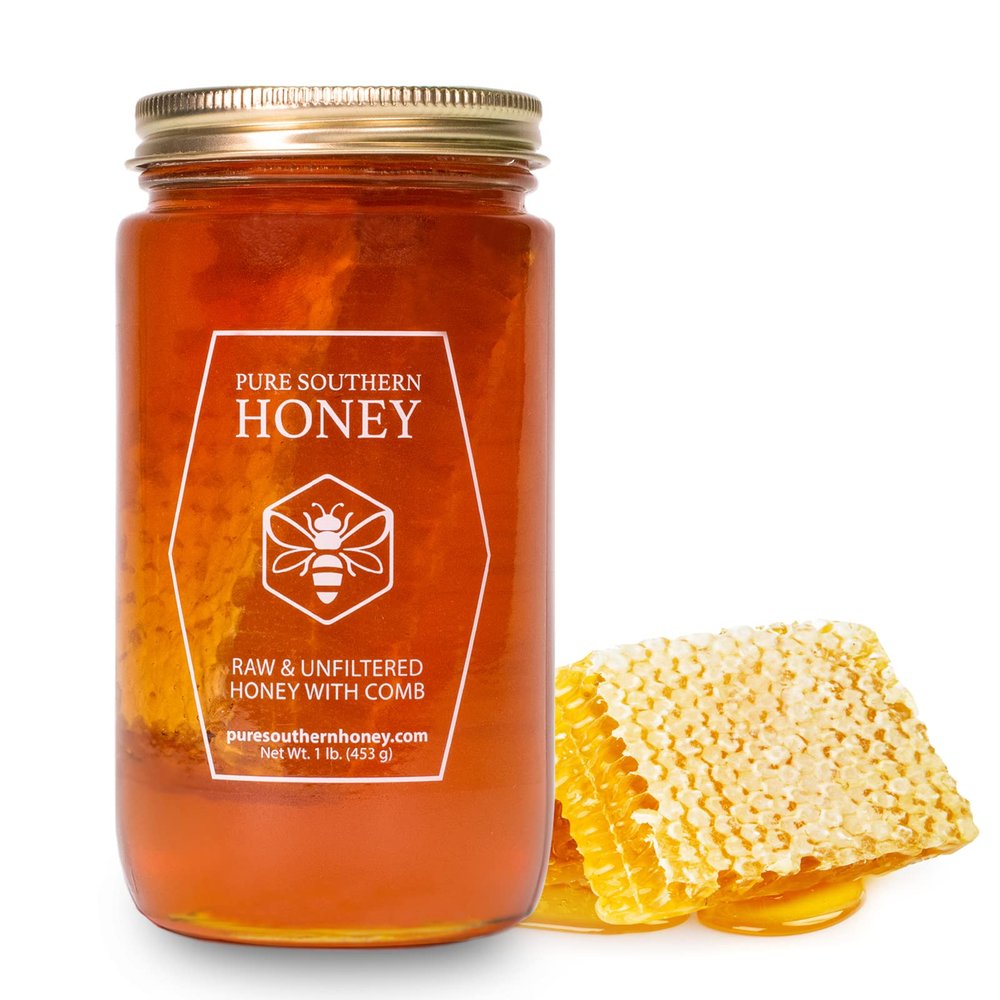 100% Raw Unfiltered Honey With Honeycomb by Pure Southern Honey [1lb] - Authentic, USA - Made Gallberry - Pure Unheated - Non - GMO, Unsweetened, Sugar - Free, Real American Honey With Comb