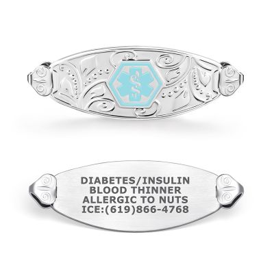 Divoti Custom Laser Engraved 316L Stainless Steel Medical ID Tag for Bracelet | Lovely Filigree Design, High-Contrast Engraving | Personalized Emergency Medical Info | Horizontally Connect - Pale Blue