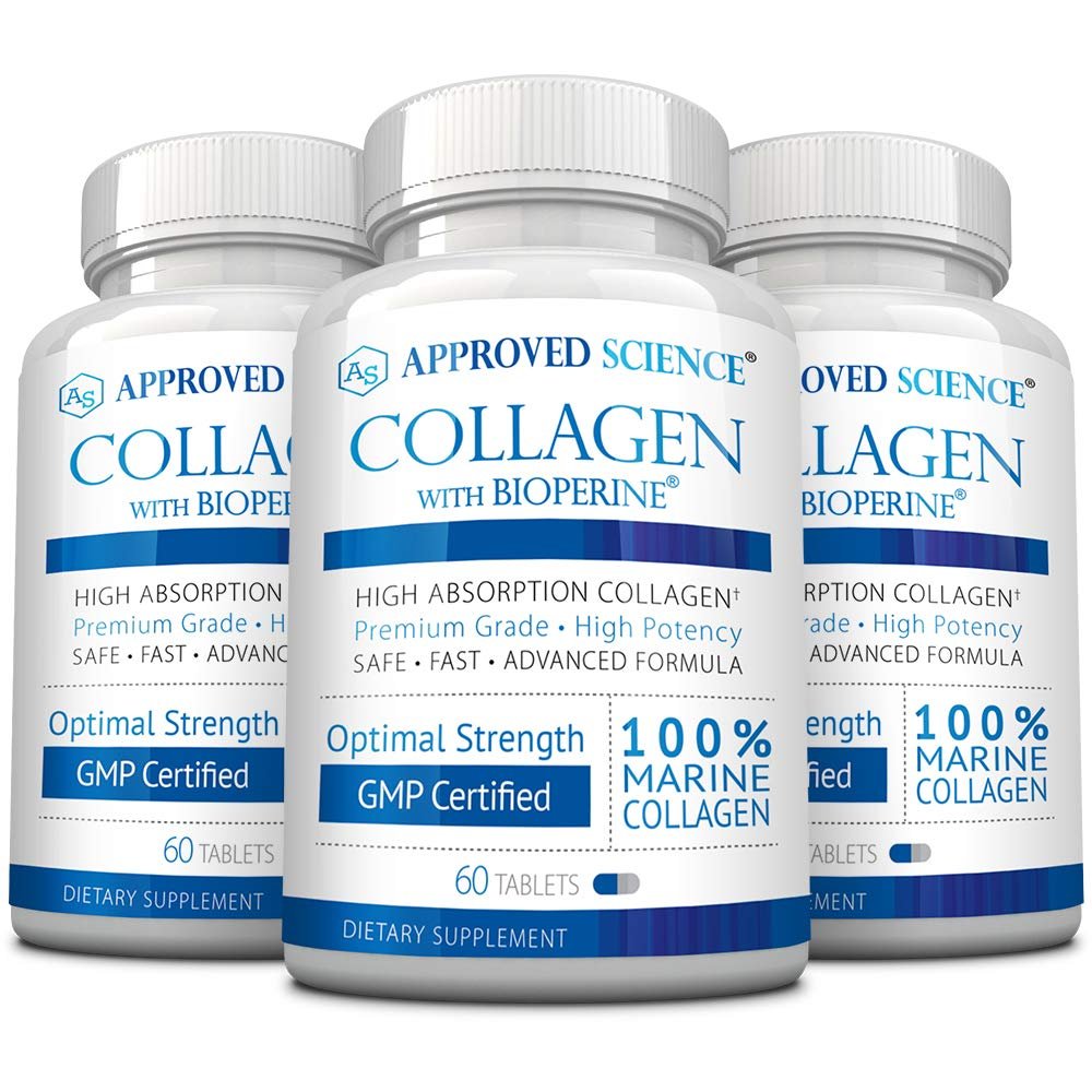 Approved Science Collagen Pills - Absorbable Marine Collagen Types I and III - 180 Tablets - Healthy Hair and Skin - Vitamin C, Sodium, and Bioperine for Fast Results - Non-GMO, Made in USA