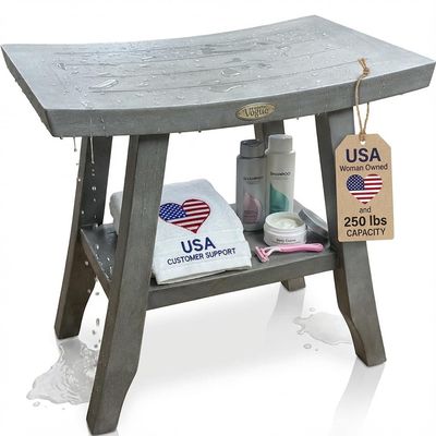 CoastalVogue Satori 18 Inch Gray Waterproof Teak Wood Shower Bench Stool Seat Chair for Inside Shower Provides Safety, Storage, and Organization for Bathroom Accessories
