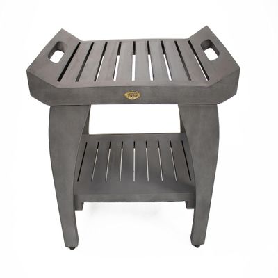 CoastalVogue Tranquility 24 Inch Gray Waterproof Teak Wood Shower Bench Stool Seat Chair for Inside Shower Provides Safety, Storage, and Organization for Bathroom Accessories
