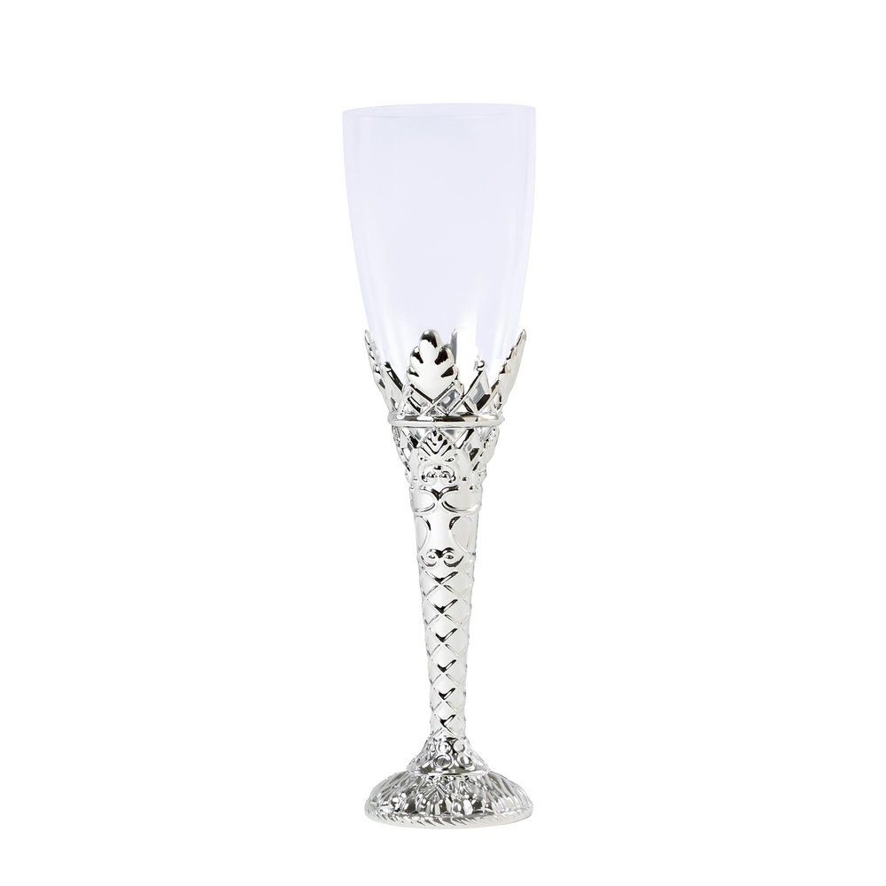 DecorFest Premium 12 Pieces Plastic Champagne Flutes 8" 4.5oz Disposable Silver Medieval Design Stem Clear Champagne Glasses, Flute Set for Celebration